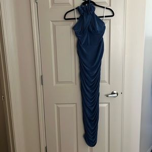 Long blue dress with high neck